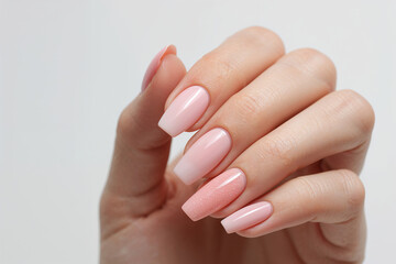 Fototapeta premium Close-up of elegant pink manicure with glossy gel finish, feminine nail art design showcasing smooth polished nails, beauty salon care, and modern fashion style