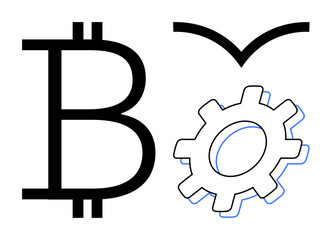 Large Bitcoin sign, gear, and bird silhouette combining ideas of cryptocurrency, technology, and freedom. Ideal for fintech, blockchain, automation, economy decentralization innovation simple flat
