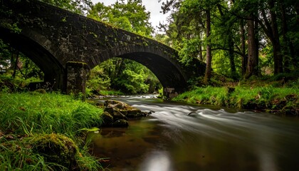 Scenic old stone bridge spanning a flowing river in a lush forest