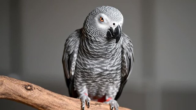 African Grey Parrot Perched on Branch - A Captivating Avian Portrait.