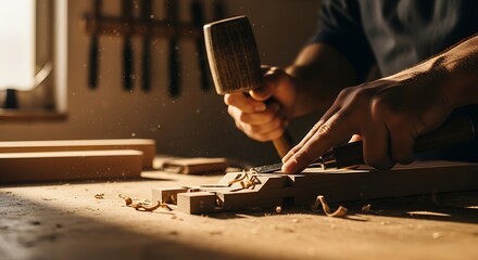 Craftsman meticulous woodworking precision shaping timber with chisel