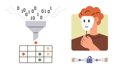 Data funnel transforming binary input to structured output, figure holding mask symbolizing anonymity, and blockchain padlock for security. Ideal for privacy, cybersecurity, anonymity, encryption