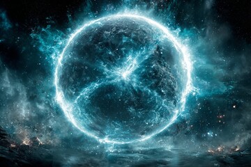 A large blue sphere with a white center is floating in space