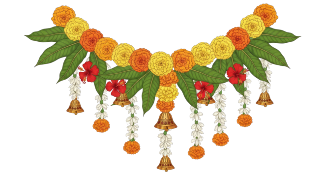 A colorful Indian floral decoration with marigolds and hibiscus flowers, hanging from a string with bells and hanging flowers, set against a png transparent.