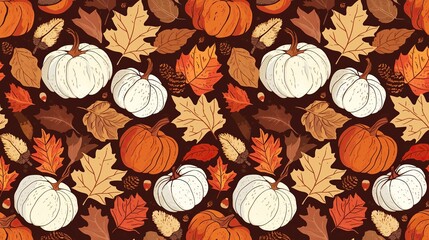 A seamless pattern composed of vibrant, detailed, and realistic pumpkins and autumn leaves. It creates a festive atmosphere, making it perfect for Halloween or fall-themed designs.