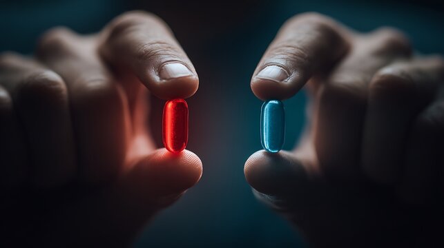 Hands holding red pill and blue pill, futuristic lighting, concept of choice and truth in healthcare system,Comparing ethical choices and truth in modern public health systems