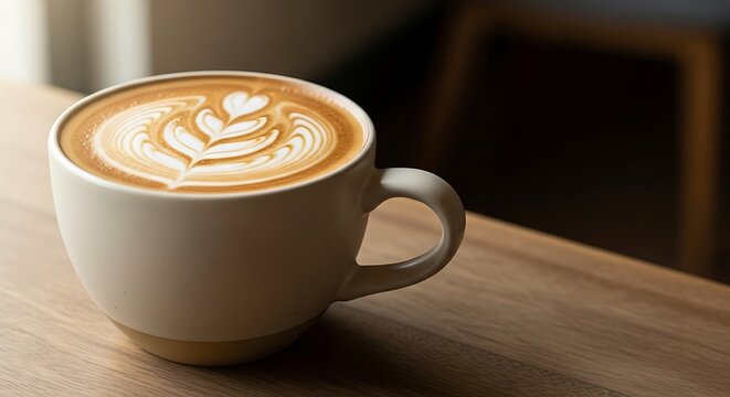 Creamy latte art masterpiece, a tranquil coffee indulgence in simple elegance