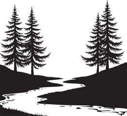 Black silhouette of pine trees and winding river stream