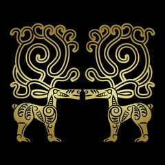 Symmetrical ethnic design with two fantastic elks or deer with spiral antlers. Ancient Sarmatian animal totem symbol. Golden silhouette on black background.