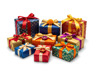A collection of colorful gift boxes with ribbons and bows, arranged in a circle.