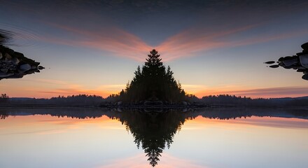 Symmetrical waterscape featuring tree silhouettes during dawn reflection