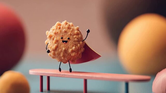 Adorable Cartoon Fried Chicken Nugget Character with Superhero Cape Poses Playfully.