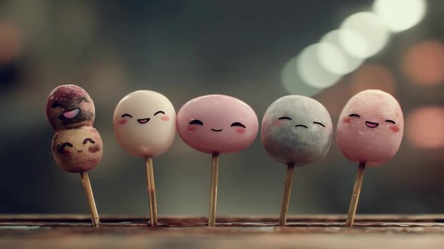 Adorable Sweet Dumplings on Sticks with Cute Happy Faces.