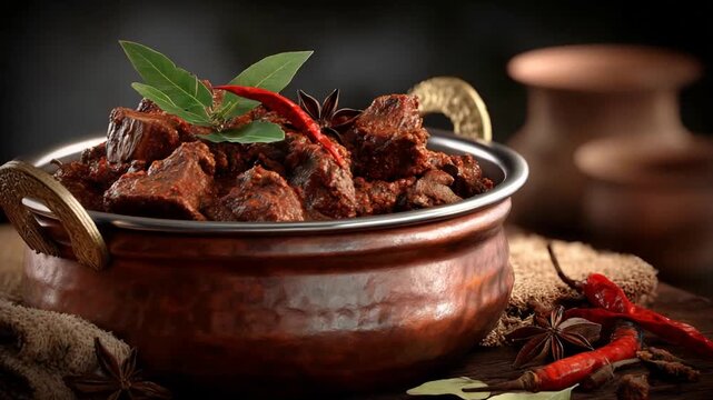 Richly Spiced Stew in Rustic Copper Pot, Garnished with Chili and Bay Leaves.