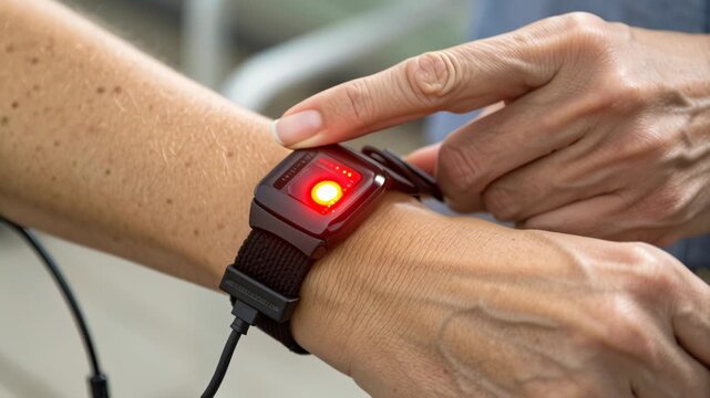 Smart device on wrist displaying a red light during a health check.