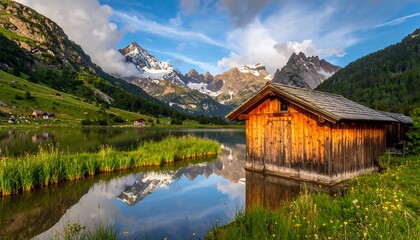 Obraz premium Serene lake scene with wooden cabin and majestic snow-capped mountains