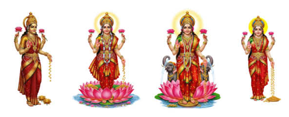 Four images of Hindu goddesses, Lakshmi, Saraswati, Durga, and Parvati, each holding a flower and standing on a lotus flower.