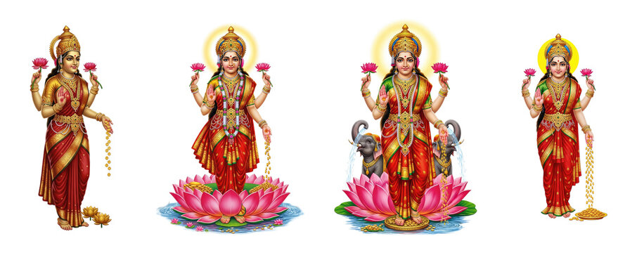 Four images of Hindu goddesses, Lakshmi, Saraswati, Durga, and Parvati, each holding a flower and standing on a lotus flower.