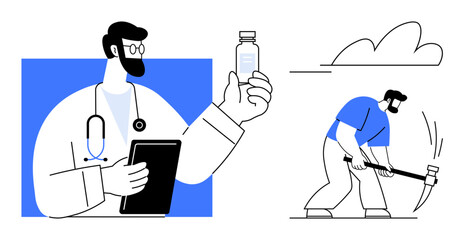 Doctor holding vaccine bottle and tablet in one setting, laborer digging with a pickaxe in another. Ideal for health, labor, productivity, vaccination, contrast, effort and wellbeing. Simple flat