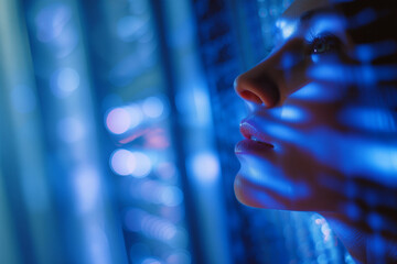 Woman's profile illuminated by blue digital light