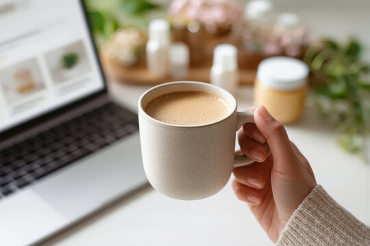 Woman buying online using laptop with coffee - Powered by Adobe