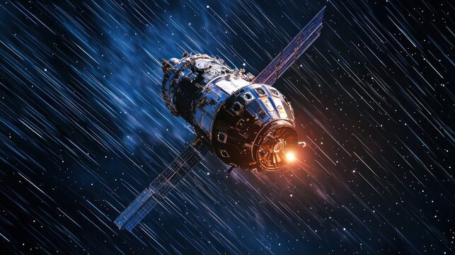 A time-lapse of a space mission, showing various phases of a spacecraft journeying through space with stars streaking across the sky. - Powered by Adobe