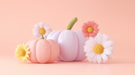 Cute cartoon pumpkins and flowers placed on a soft pastel pink background, combining simplicity with a charming visual effect, suitable for various design purposes.