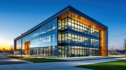 Obraz premium Contemporary office building facade with reflective glass and dynamic lighting.