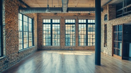 Industrial-style apartment loft with exposed brick walls, large windows, and steel columns.