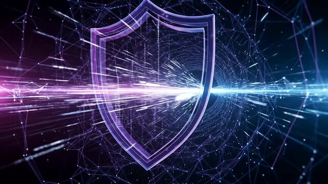 Abstract digital shield symbolizing cybersecurity amidst a vibrant network
