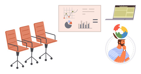 Fototapeta premium Office chairs aligned, data chart with graphs, laptop, and man with puzzle pieces representing ideas, problem-solving, and collaboration. Ideal for teamwork, strategy, office culture data analysis
