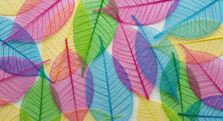 Colorful skeleton leaves create a vibrant and delicate botanical background texture art