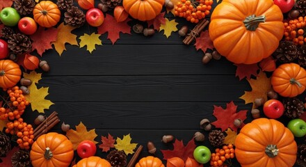 Autumn harvest background with pumpkins leaves apples and pine cones on dark wood