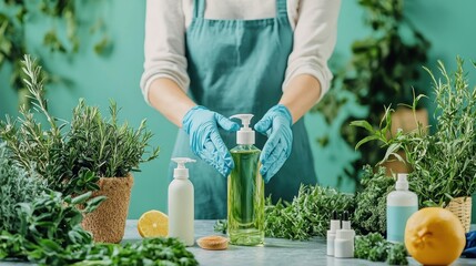 A woman cleaning and sanitizing her home with eco-friendly products and wearing gloves
