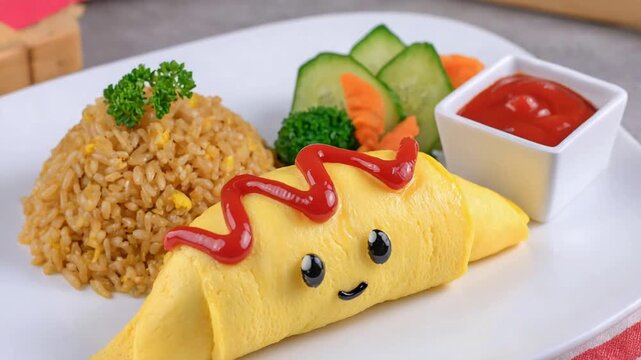 Adorable Omelette Rice Character Plate with Ketchup Smile and Vegetables.