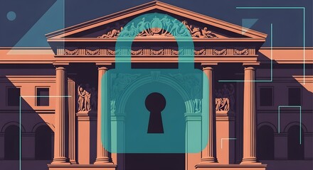 Digital illustration of a large building with columns and a triangular pediment secured by a giant teal lock with a keyhole, against a dark background with geometric shapes.