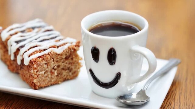 Delicious coffee and sweet cake with a happy smiley face mug.