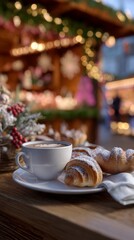 Fototapeta premium Cozy outdoor cafe table with croissants and coffee at festive holiday market