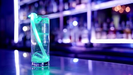 A neon-lit cocktail with ice cubes in a tall glass, set on a reflective bar top, bar in bokeh - Powered by Adobe