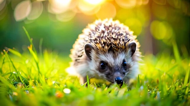 Adorable hedgehog exploring a sunlit grassy meadow in soft focus.