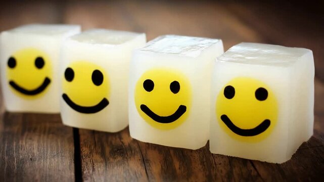 Row of Melted Ice Cubes with Happy Smiley Faces on Wooden Surface.
