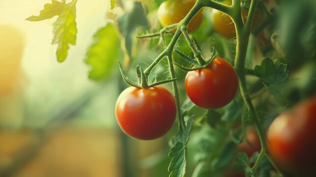A couple of tomato plants growing inside a greenhouse, with ripe tomatoes hanging