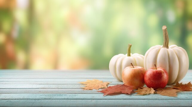 On the table are pumpkins, apples, and autumn leaves, showcasing the beautiful natural scenes of fall. It is a joyful and mouth-watering design suitable for Halloween or Thanksgiving.