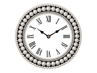 Elegant circular frame of pearls and diamonds on black background