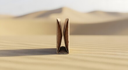 A brown paper made from desert sand standing upright in the sand with dunes and a clear sky in the background, captured with a shallow depth of field.