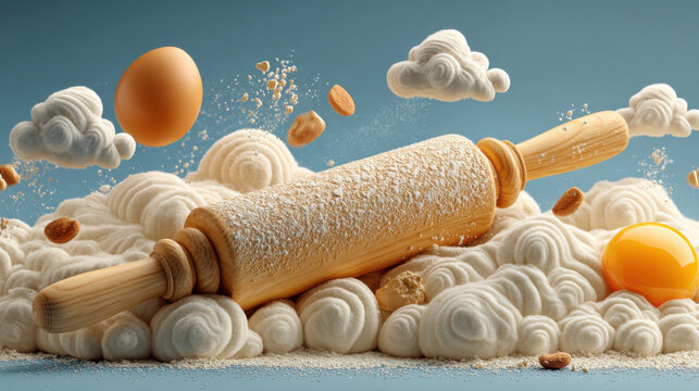 Wooden rolling pin surrounded by fluffy clouds of flour, eggs, and almonds creates whimsical baking scene