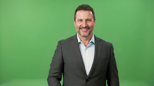 Man in suit gives thumbs up on green screen with a slight smirk face