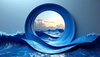 A stylized ocean scene with a blue circular structure