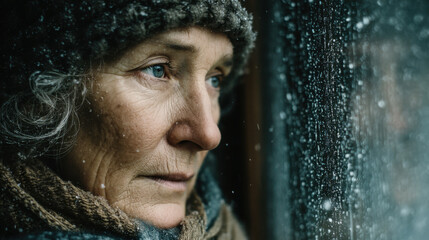 Elderly woman gazing out window on snowy day, wearing warm hat and scarf, reflecting contemplative mood