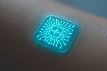 Close-up of a glowing smart patch microchip on human skin, showcasing futuristic biomedical technology, health monitoring innovation, and seamless human–machine integration.